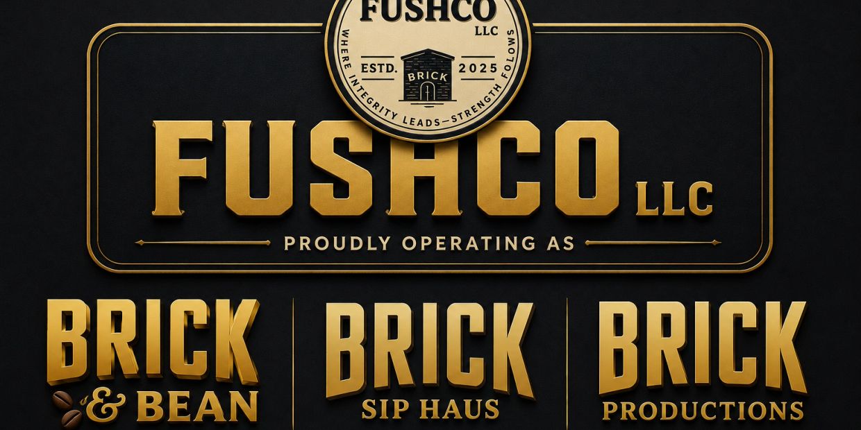 Golden logo of FUSHC LLC with its divisions on black background.