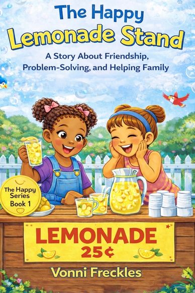 Children happily run a lemonade stand, showcasing friendship and teamwork.