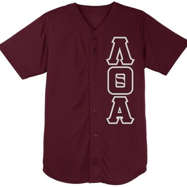Maroon button-up jersey with vertical white Greek letters Lambda Theta Alpha.