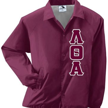 Maroon jacket with Greek letters Lambda Theta Alpha on the front.