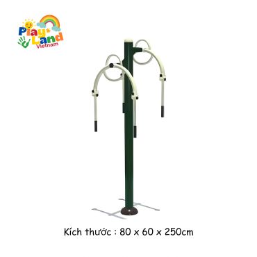Outdoor exercise equipment with three curved handles on a green pole.