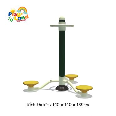 Outdoor playground spinner with three yellow seats and central pole.