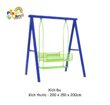Colorful playground swing with blue frame and green seat, sized 200x150x200 cm.