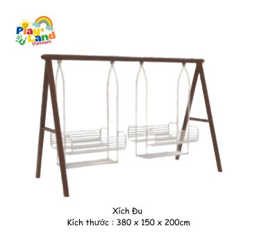 A playground swing set with two seats and dimensions listed in Vietnamese.