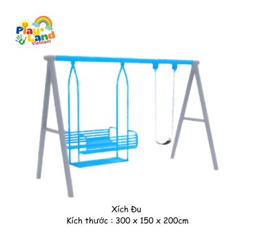 Blue playground swing set with two swings, dimensions 300 x 150 x 200 cm.