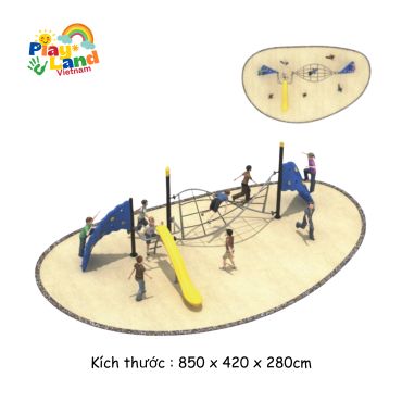 Children playing on a modern playground with climbing nets and slides in Vietnam.