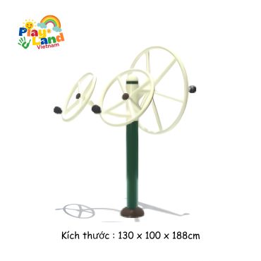 Outdoor exercise equipment with three rotating wheels of different sizes.
