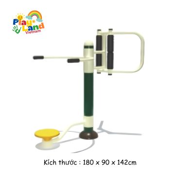 Outdoor fitness equipment for twisting exercises with a yellow rotating disc and handlebars.