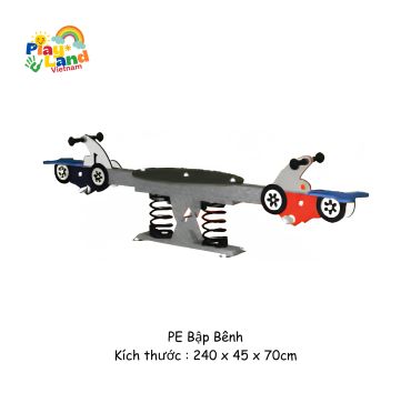Colorful spring seesaw with car designs for children.