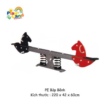 Playground seesaw with red and black horse seats on springs.