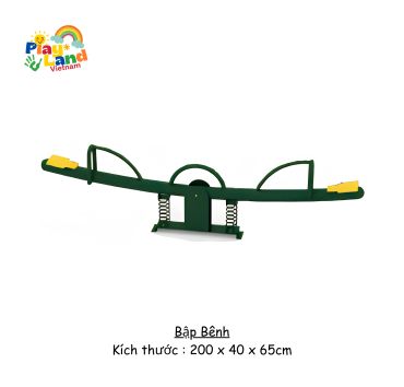 Green seesaw with yellow seats for children at Play Land Vietnam.