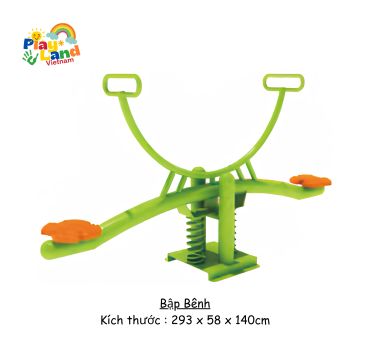 Green spring seesaw with orange seats for children.