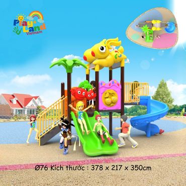 Colorful outdoor playground set with slides and animal decorations for kids.