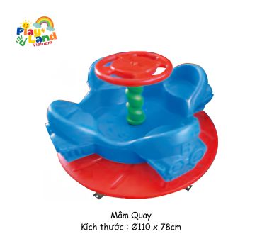 Colorful children's merry-go-round with blue seats and red base.