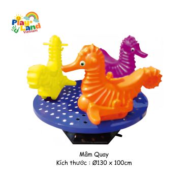Colorful seahorse-shaped playground carousel with Play Land Vietnam logo.