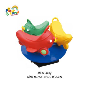 Colorful children's rotating ride with airplane and duck shapes.