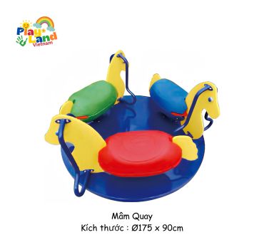 Colorful playground merry-go-round with horse-shaped seats for children.