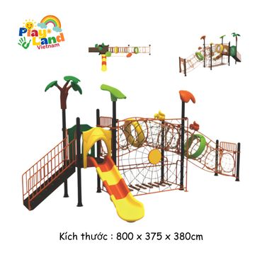 Colorful outdoor playground with slides and climbing nets from Play Land Vietnam.
