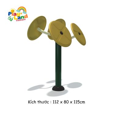 Outdoor exercise equipment with three yellow spinning wheels on a green pole.