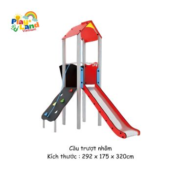 Colorful children's slide with climbing wall and roofed platform.