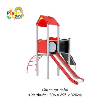 Aluminum playground slide with red and white colors.