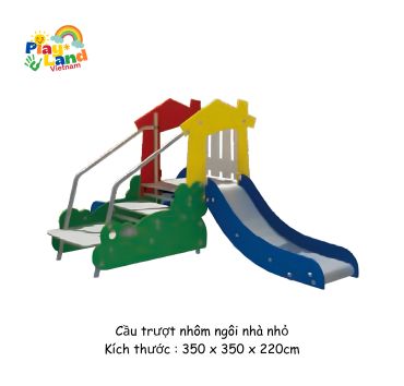 Colorful children's playground slide with house-shaped entrances and safety rails.