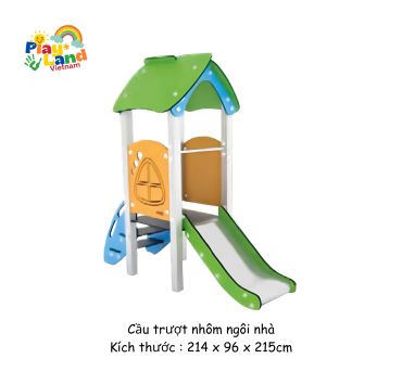 Colorful children's slide with a house-shaped roof and stairs.