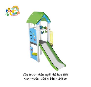 Children's playground slide with house design and bright colors.