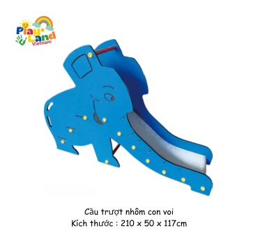 Blue elephant-shaped slide for children with Play Land Vietnam logo.