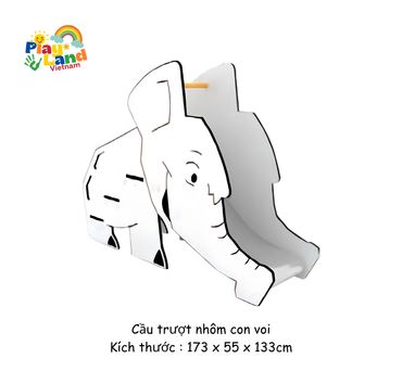 White elephant-shaped children's slide with dimensions listed below.