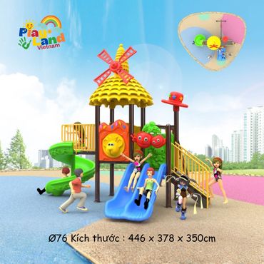 Colorful playground with slides and kids playing outdoors.
