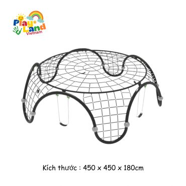 Playground climbing structure with swings and netting, 450x450x180cm.