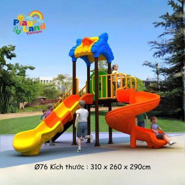 Children playing on colorful slides at an outdoor playground.