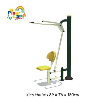 Outdoor fitness equipment with a yellow seat and arm bars.