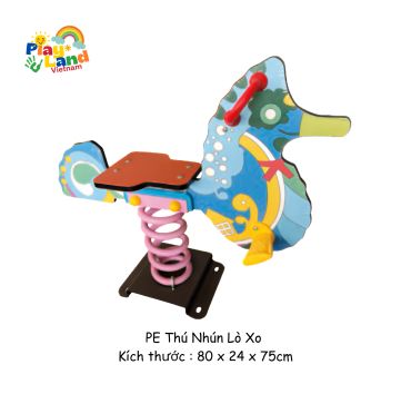 Children's spring rider shaped like a colorful duck with a red handle and pink spring.