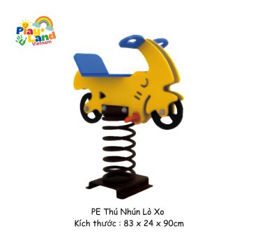 Yellow and blue spring rider toy shaped like an animal, designed for kids.