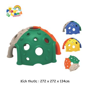 Colorful dome-shaped playground structures with various holes for climbing and crawling.