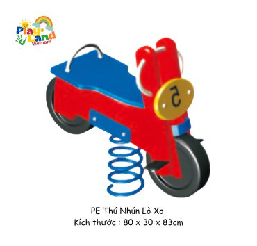 A red and blue spring rider toy shaped like a motorcycle for children.