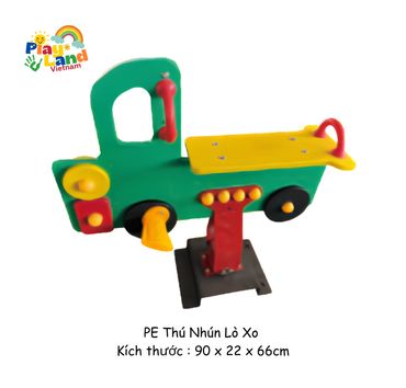 Colorful spring rocking toy shaped like a vehicle for children.