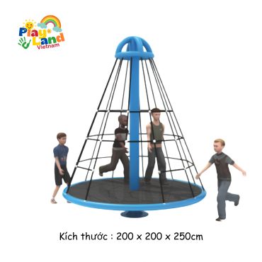 Children playing on a round rope climbing playground structure.