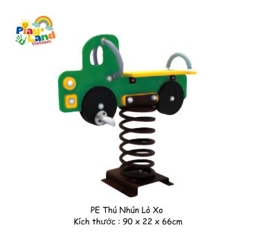 Spring rider shaped like a green truck with yellow seat and black spring base.