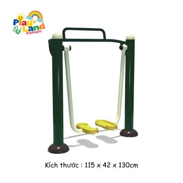 Children's outdoor swing set with yellow seats and green frame.
