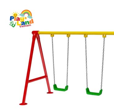 Colorful two-seat swing set for children with red, yellow, and green parts.