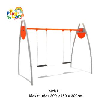 A playground swing set with two swings and orange and gray frame.