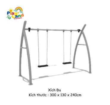A playground swing set with three swings and dimensions 300 x 130 x 240 cm.
