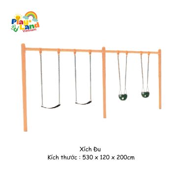 A wooden swing set with four swings, designed for children.