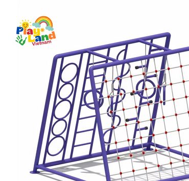 Purple climbing frame with various climbing challenges for kids.