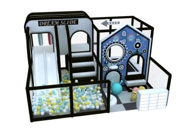 Indoor kids' play area with slide, ball pit, and climbing stairs.