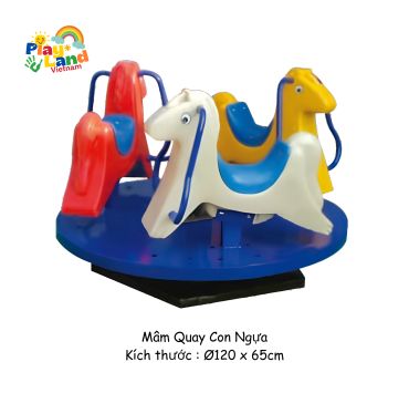 Colorful children's carousel featuring horse-shaped seats for playground fun.