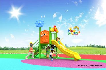 Colorful playground with slide under sunny sky and happy children playing.